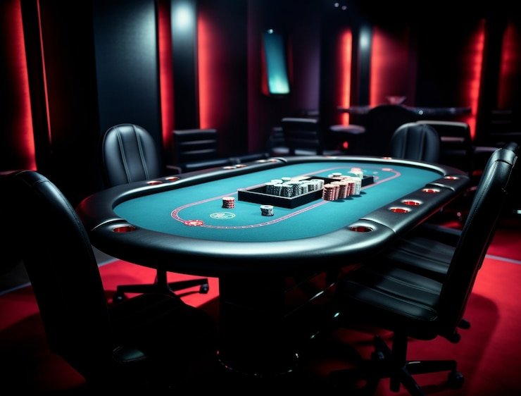 Meja poker di wiltoto menampilkan kartu komunal, posisi dealer, dan kontrol taruhan